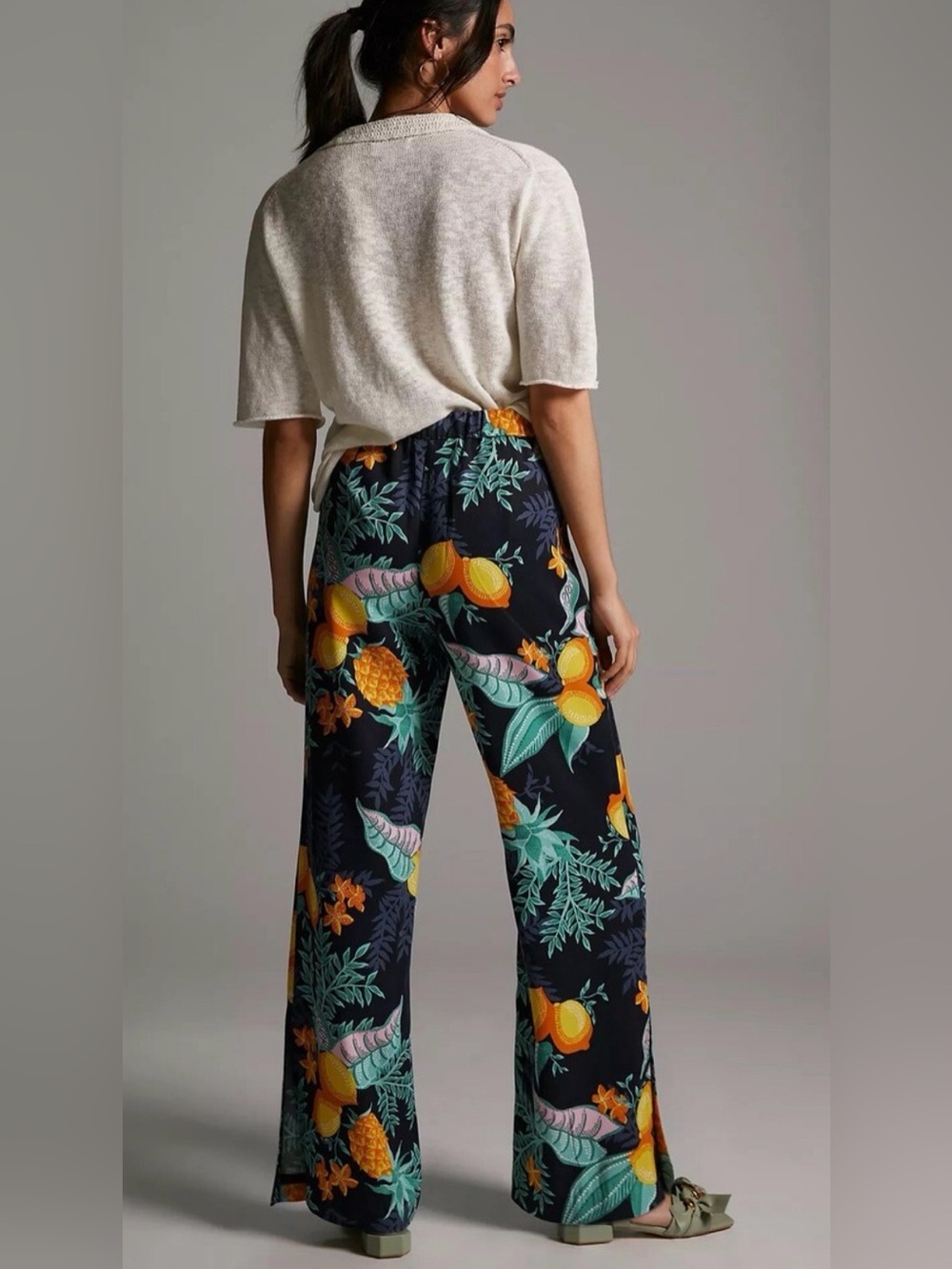 Anthropologie Maeve Navy Tropical Print Wide-Leg Pants - Picture 2 of 4